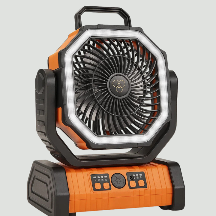 Camping Fan with Light & Power Bank – 3-in-1 Rechargeable Outdoor Fan