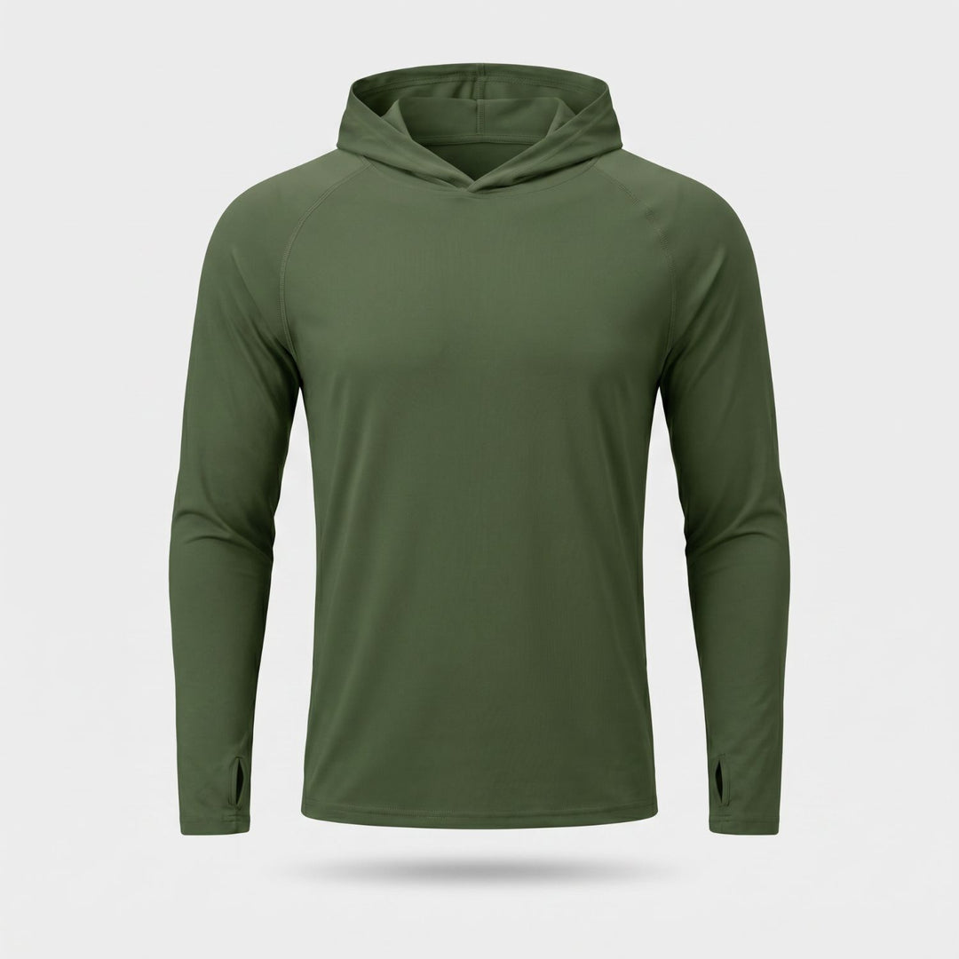 Men's UPF 50+ Sun Hoodie – Quick-Dry Polyester UV Top with Thumb Loops for Hiking and Fishing