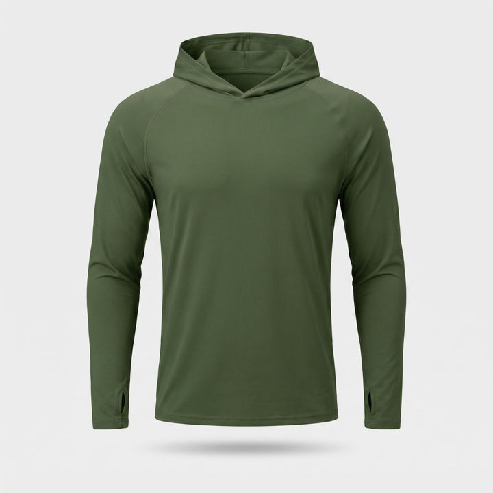 Men's UPF 50+ Sun Hoodie – Quick-Dry Polyester UV Top with Thumb Loops for Hiking and Fishing