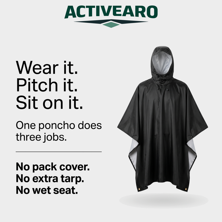 One poncho, three jobs: wear it, pitch it as a tarp, sit on it as a ground sheet