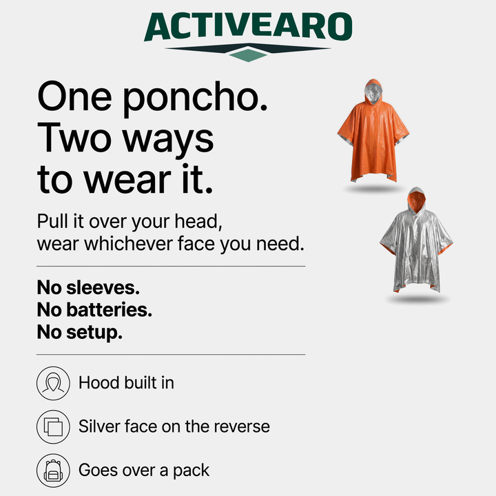 One poncho with two ways to wear it, colored face out or silver face out
