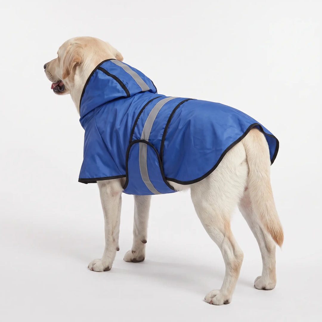 Back view of the Blue dog raincoat with reflective strips across the back and hood