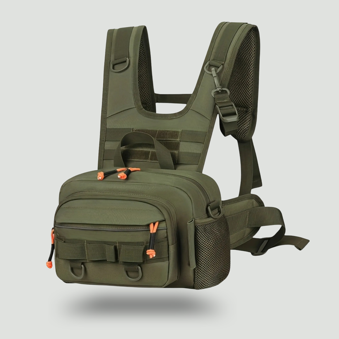 Men's Hands-Free Chest Pack – MOLLE Fishing and Hiking Rig with Multiple Zippered Pockets