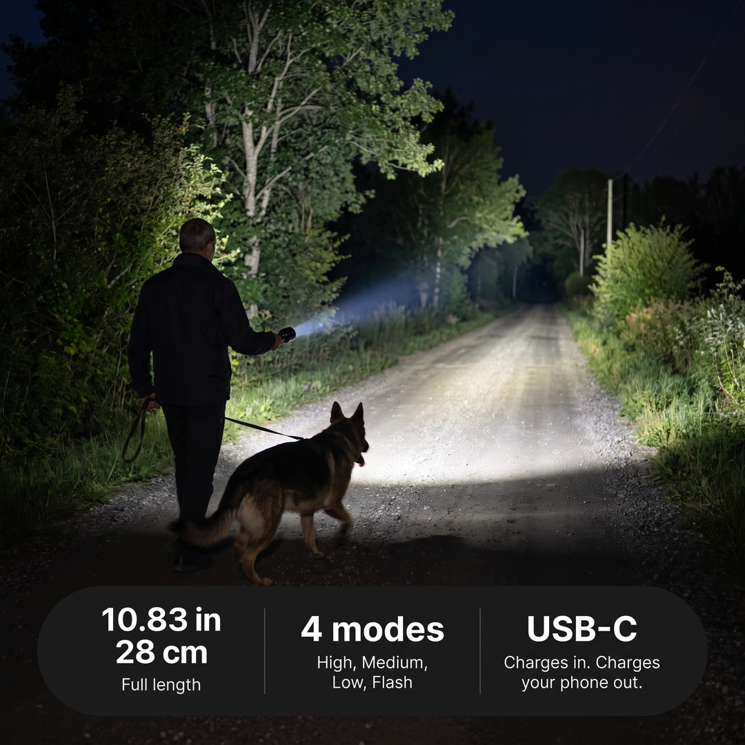 Flashlight in use on an unlit road with key specifications