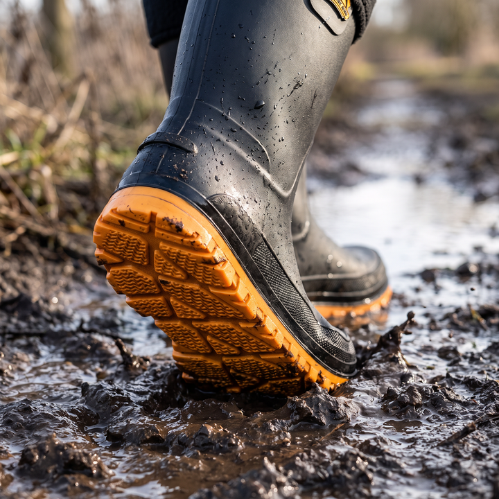Deep-tread yellow sole of a fleece lined welly stepping through mud
