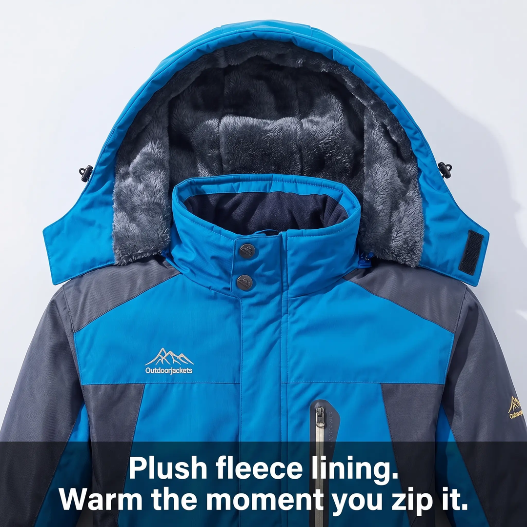 Plush fleece lining inside the hood and collar of a men's winter jacket