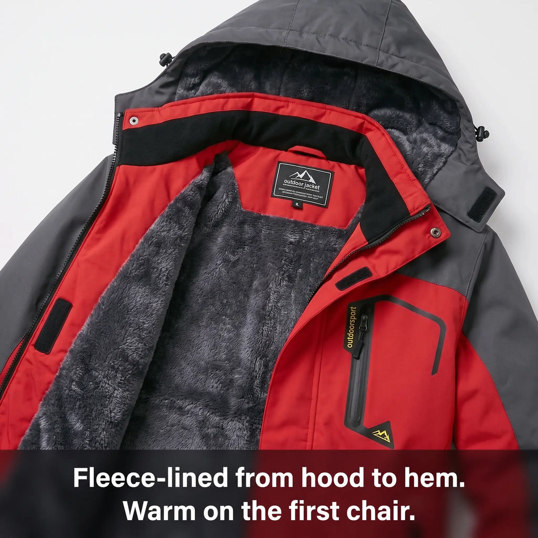Plush fleece lining inside the hood and collar of a men's ski jacket