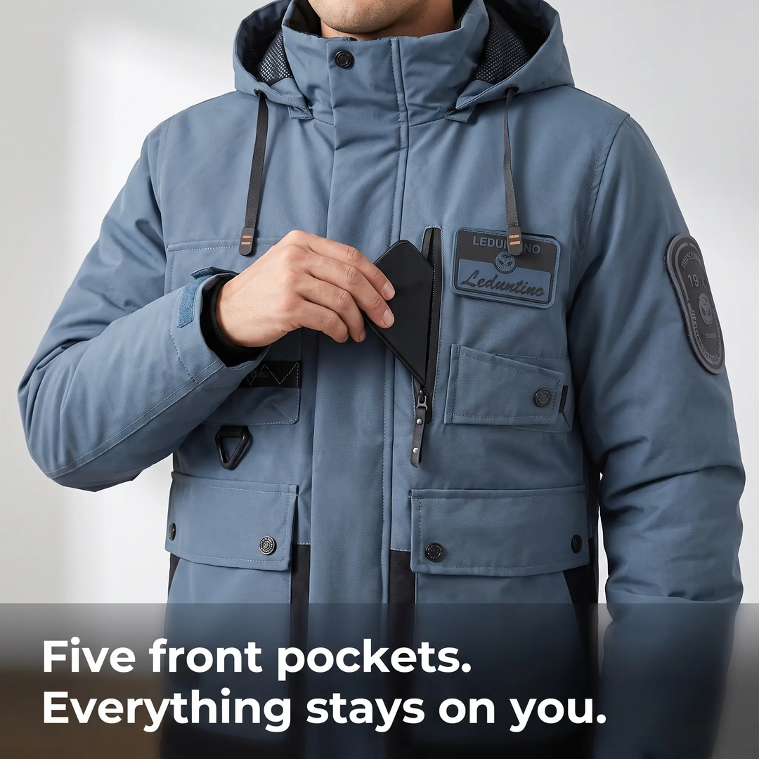 Phone going into the zip chest pocket of a men's multi-pocket windbreaker jacket