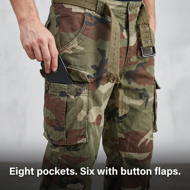 Button-flap bellows cargo pocket on the thigh of men's camo cargo pants