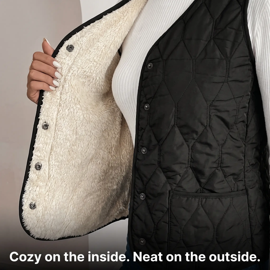 Sherpa lined puffer vest held open to show the plush lining
