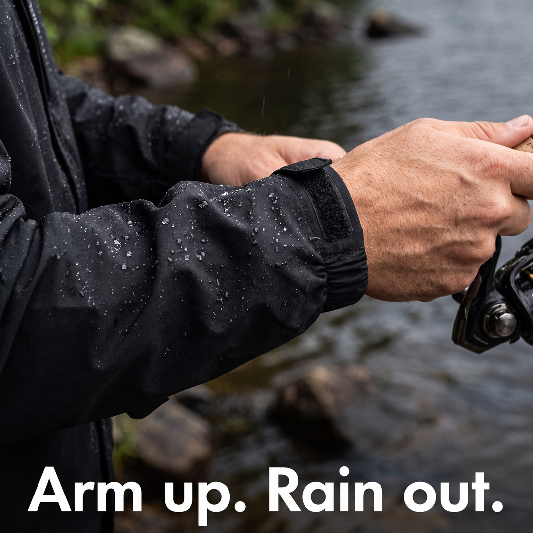 Waterproof rain jacket - adjustable cuff tab sealed at the wrist
