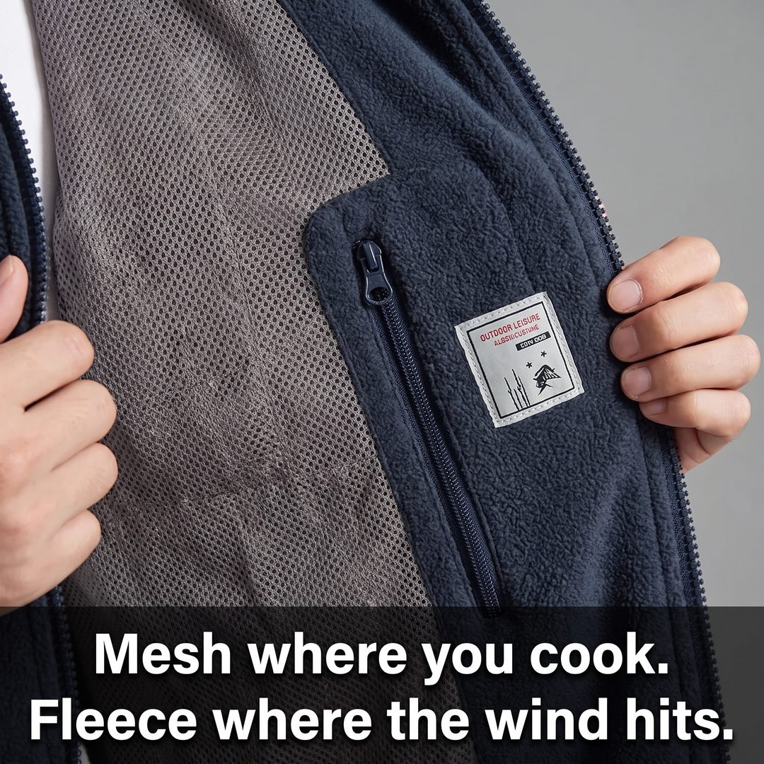 Interior mesh lining and concealed zipped pocket inside the fleece vest