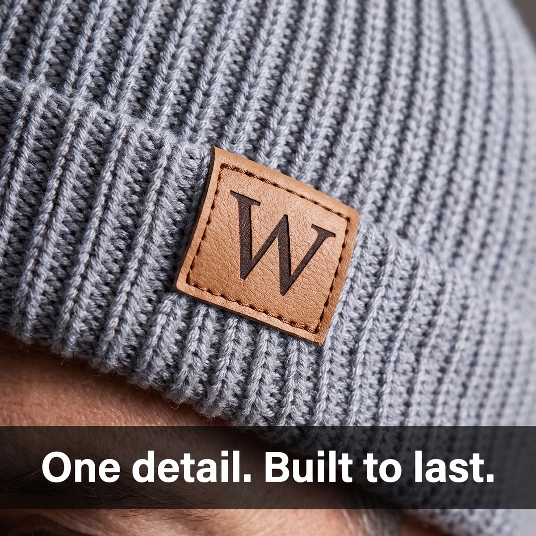 Genuine tan leather W patch detail on Fisherman Beanie