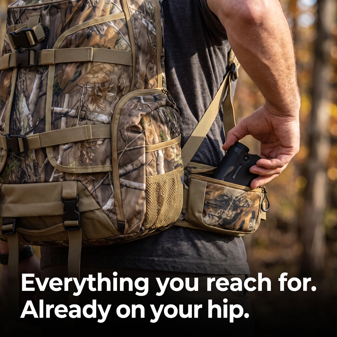 A hand drawing a rangefinder from the zipped hip belt pouch with the pack still on