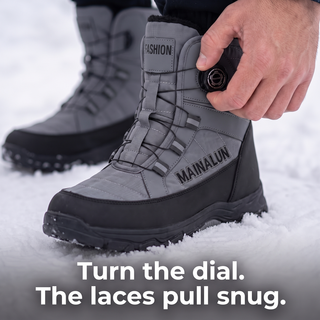 Hand turning the dial on the instep of the snow boot