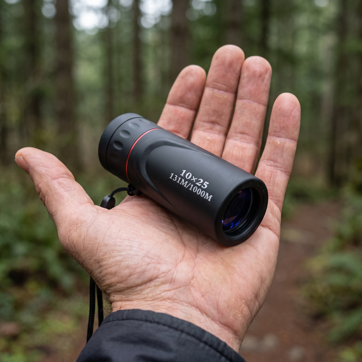 10x25 monocular held in an open hand for scale