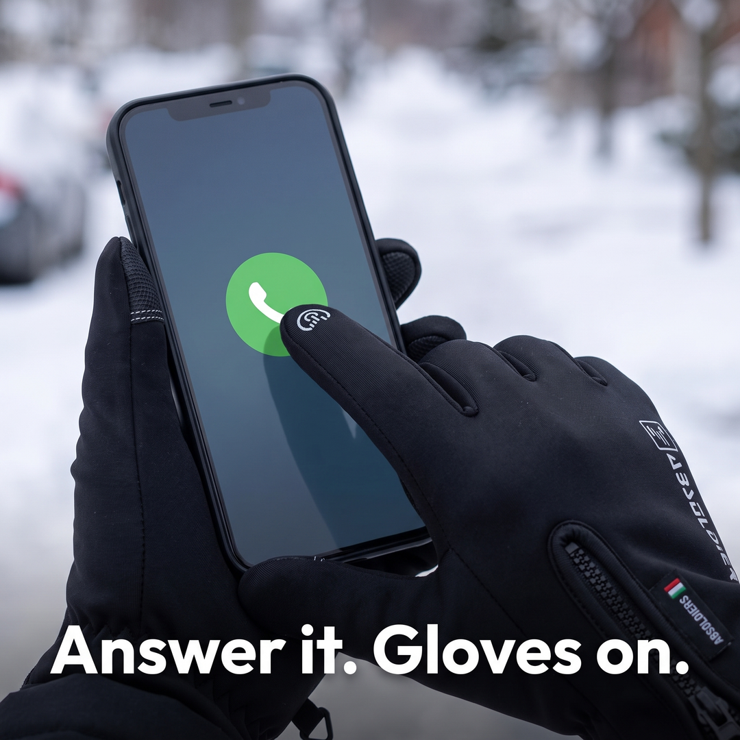 Gloved fingertip answering a phone call on a touchscreen in the snow