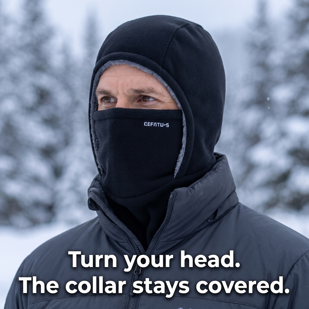 Neck section of the balaclava tucked under a jacket collar