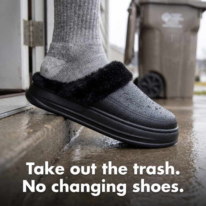 Slipper clog stepping onto a wet back step on trash day
