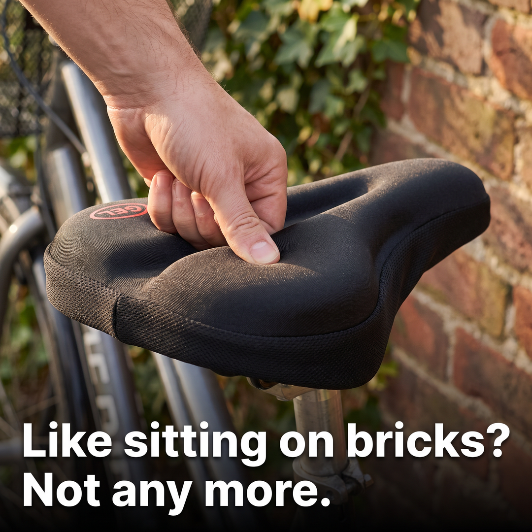 Hand pressing into the thick padding of the bike seat cover: like sitting on bricks? Not any more