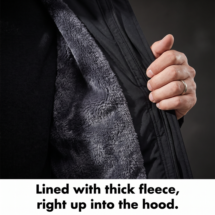 Close-up of the thick fleece lining inside the men's ski jacket