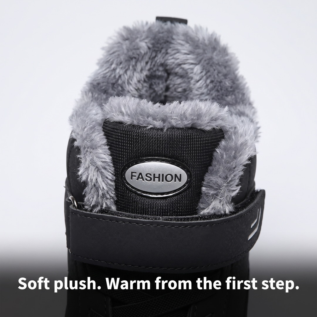 Close-up of the thick plush lining inside the winter boot collar