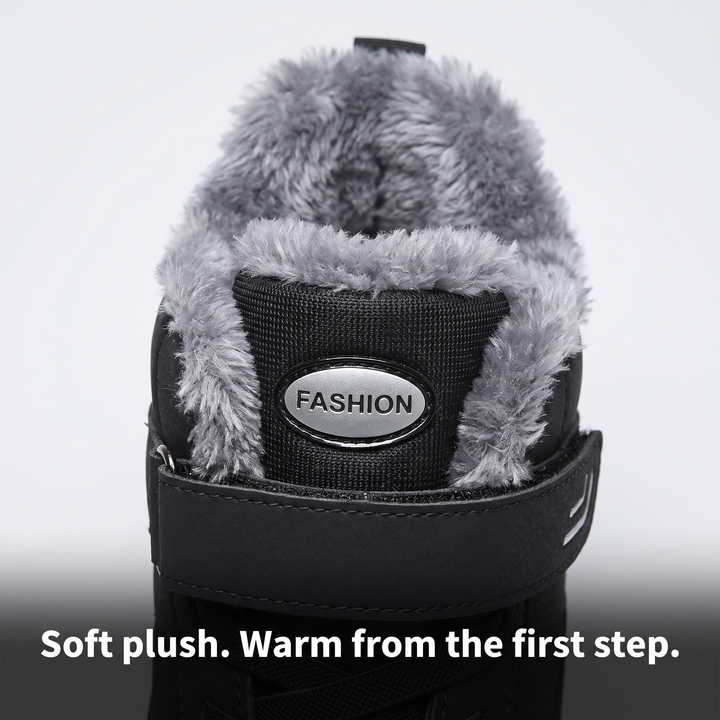 Close-up of the thick plush lining inside the winter boot collar