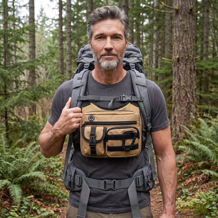 Chest bag worn above a backpack hip belt on a trail
