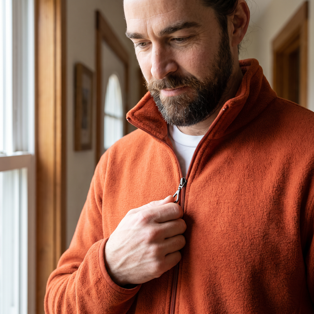 Men's fleece zip up jacket - zip pull in use