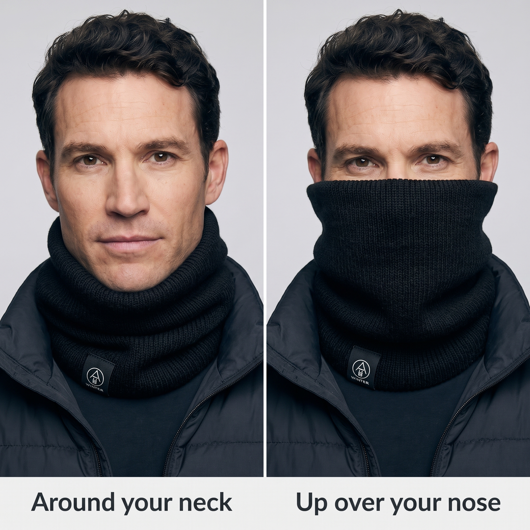 Winter scarf fleece lined knit neck warmer worn around the neck and pulled up over the nose