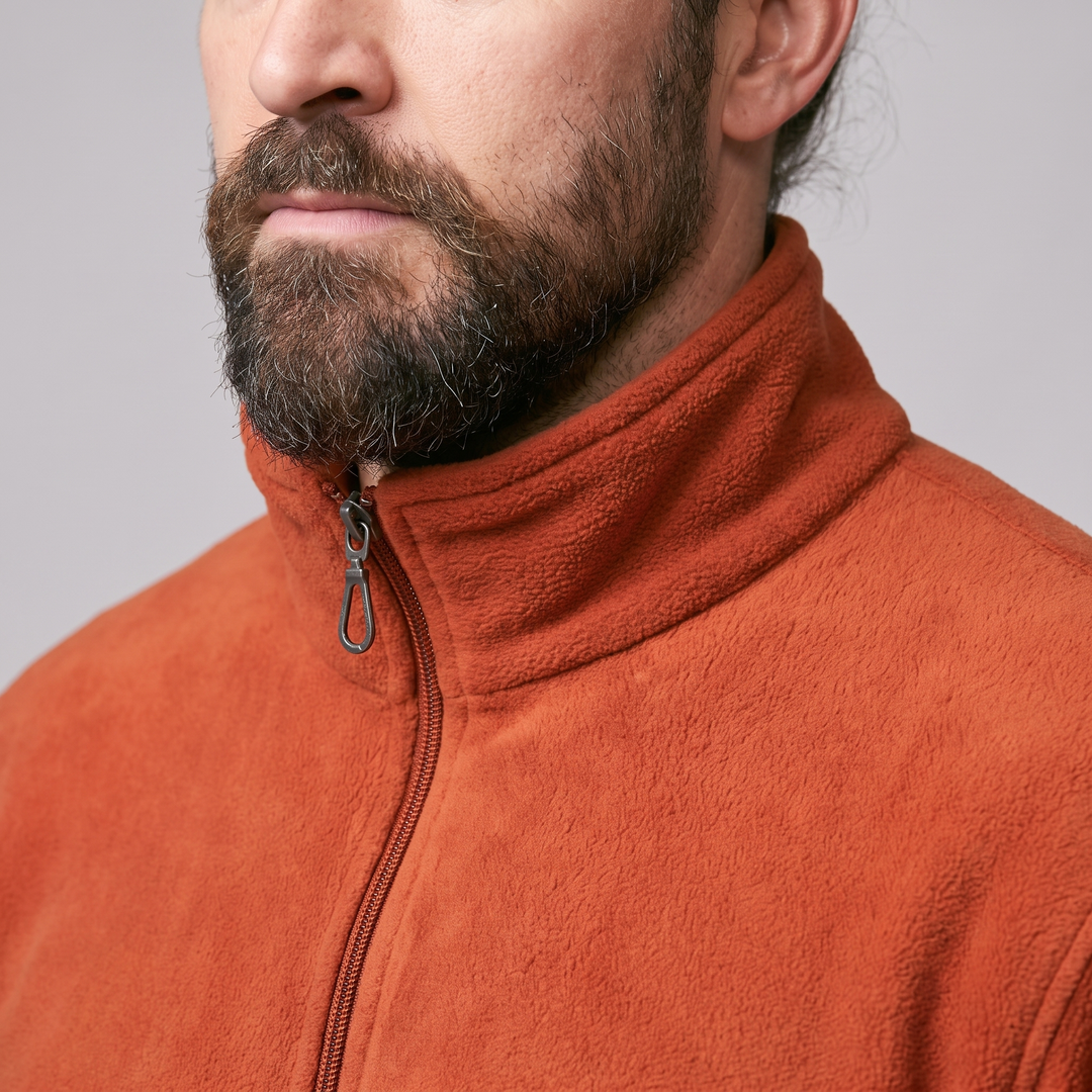 Men's fleece zip up jacket - stand collar close-up showing neck coverage