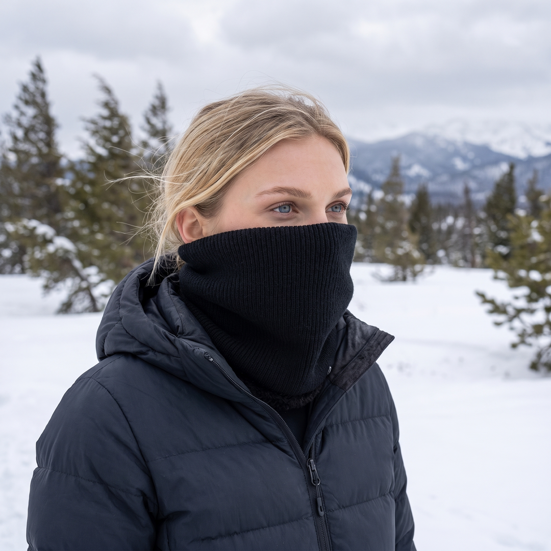 Woman with black fleece neck gaiter pulled up as a face cover outdoors