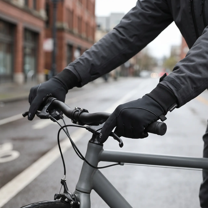 Black thermal gloves gripping a commuter bike handlebar on a city street