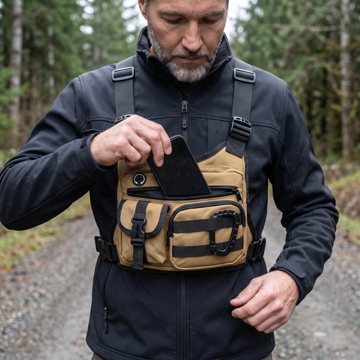 Full width zip open, phone lifted from the main compartment