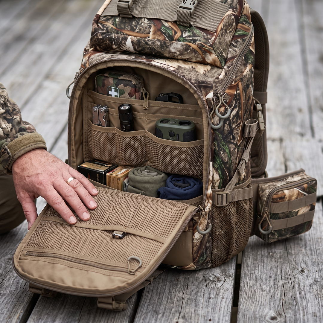Main compartment and stacked utility pockets of the hunting backpack, open and loaded