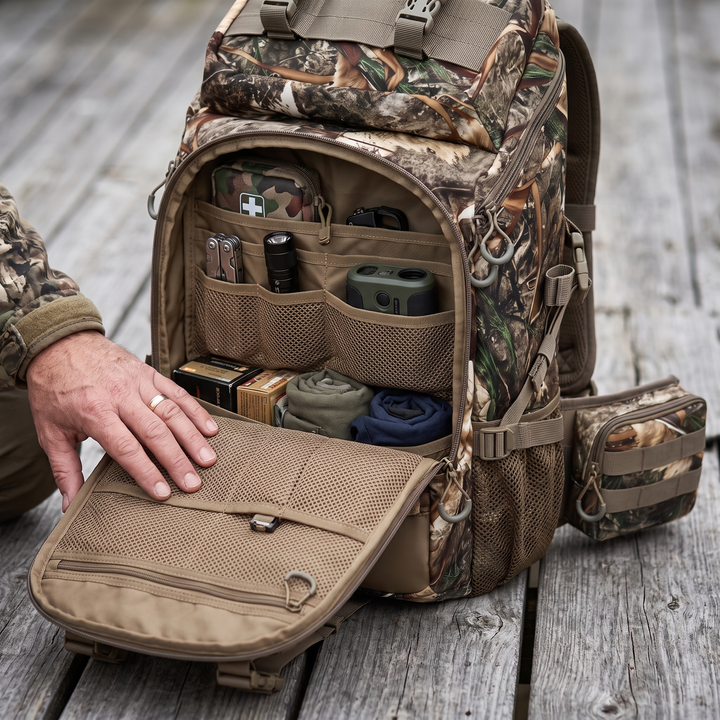Main compartment and stacked utility pockets of the hunting backpack, open and loaded