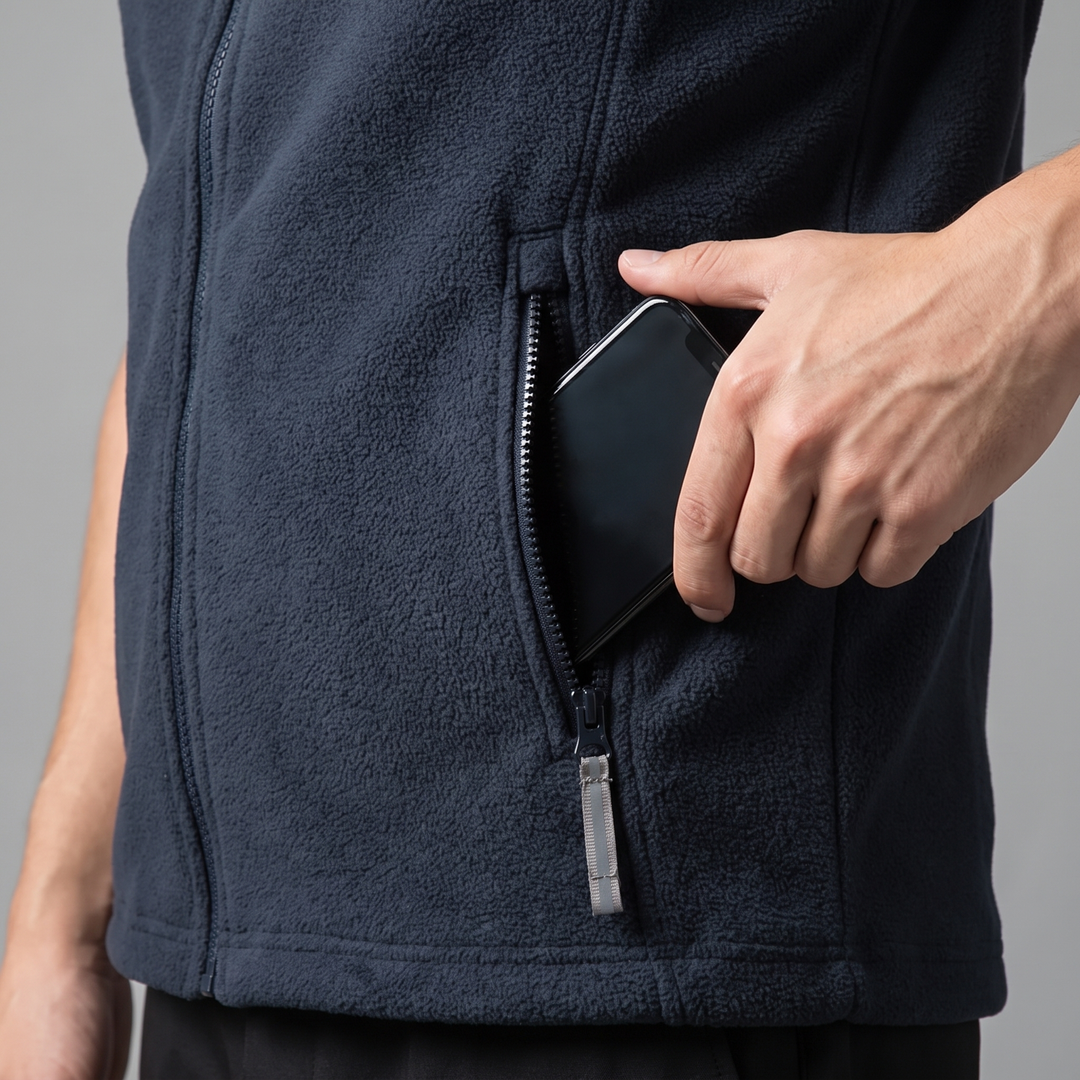 Phone sliding into the zipped welt hand pocket with reflective pull tab