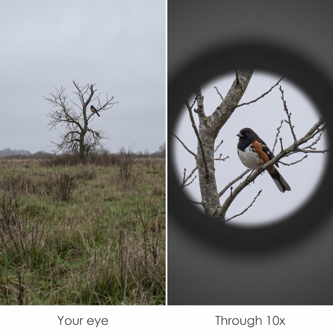 The same bird with the naked eye and through 10x magnification