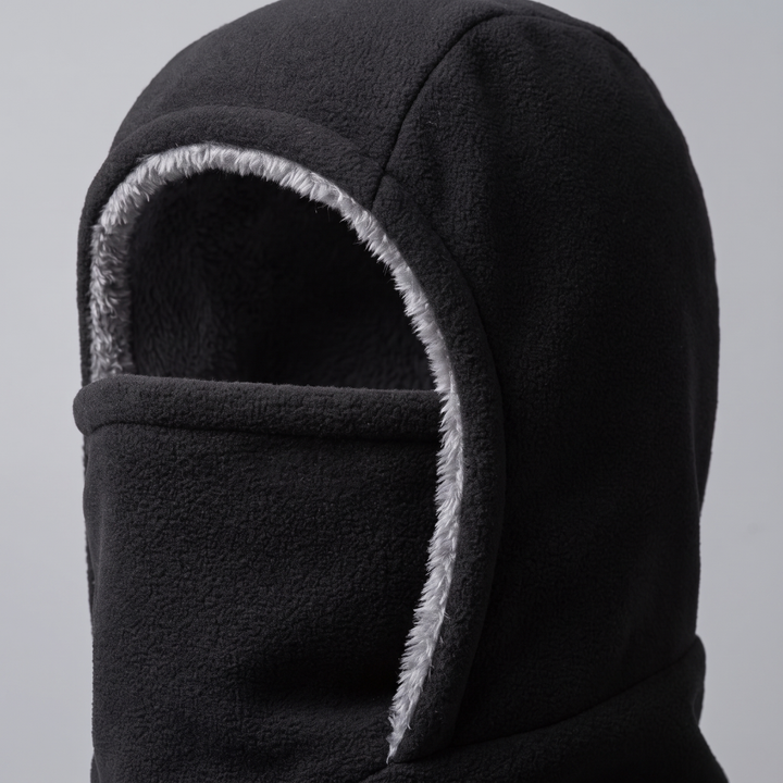 Plush trim around the face opening of the balaclava hood