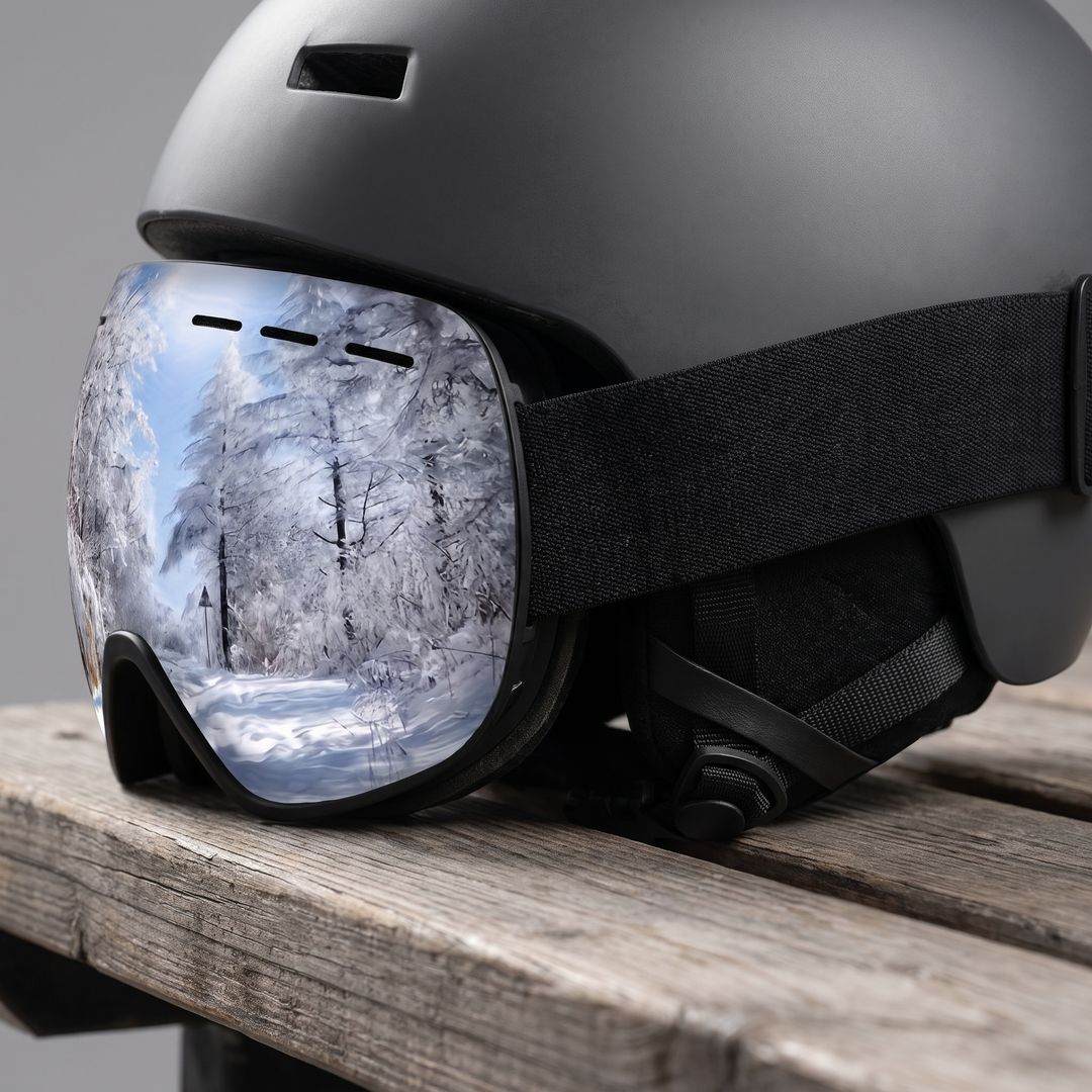 Ski goggles fitted over a helmet with the wide adjustable strap