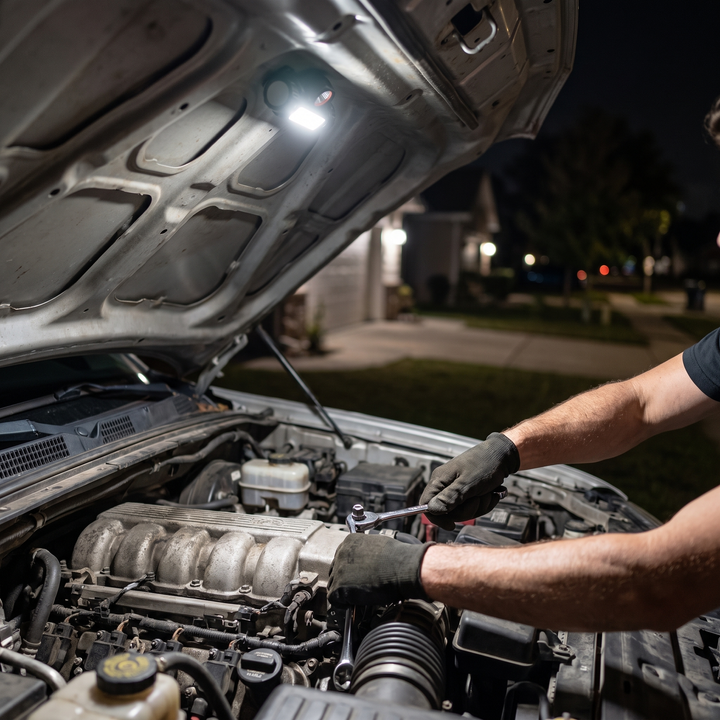 Headlamp stuck by its magnet under a truck hood lighting the engine
