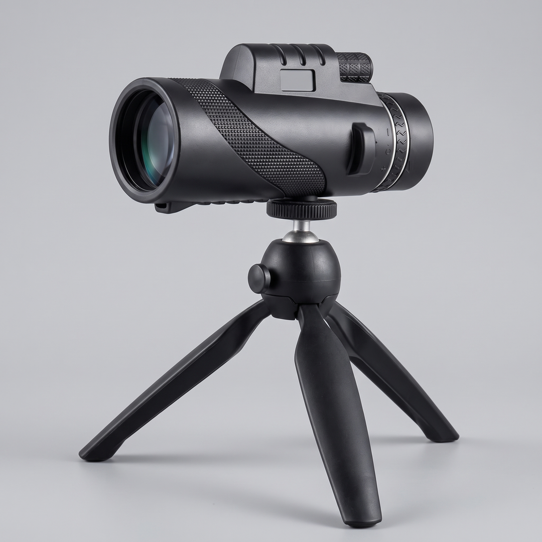 The 10x50 monocular mounted on the folding tabletop tripod that comes in the box