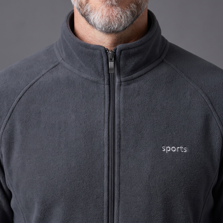 Stand collar close-up on men's fleece jacket