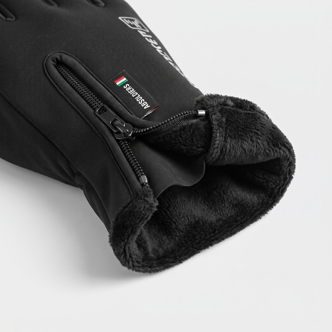 Wrist zip opened to show the plush fleece lining inside the winter glove cuff
