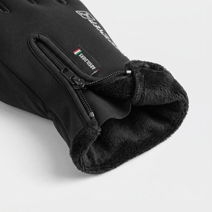 Wrist zip opened to show the plush fleece lining inside the winter glove cuff