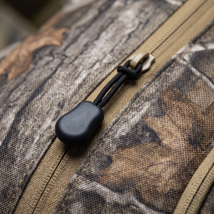 Close-up of a molded rubber zip pull on cord, with no metal tab