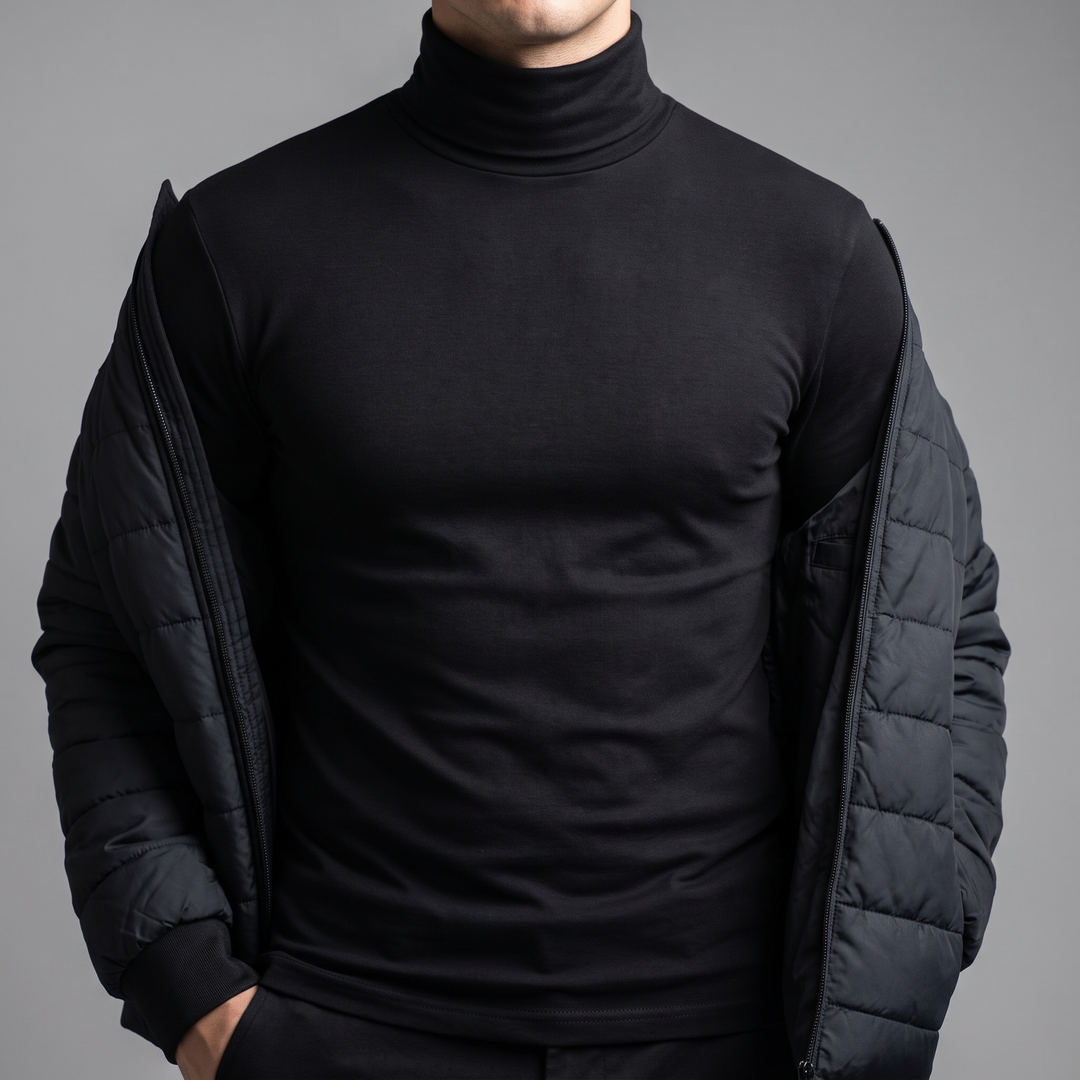 Slim turtleneck lying flat under an open quilted jacket