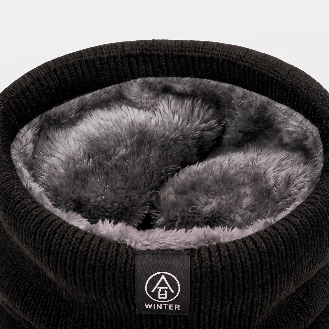 Winter scarf fleece lined knit neck warmer close-up of the plush pile lining and woven patch