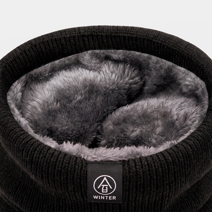 Winter scarf fleece lined knit neck warmer close-up of the plush pile lining and woven patch