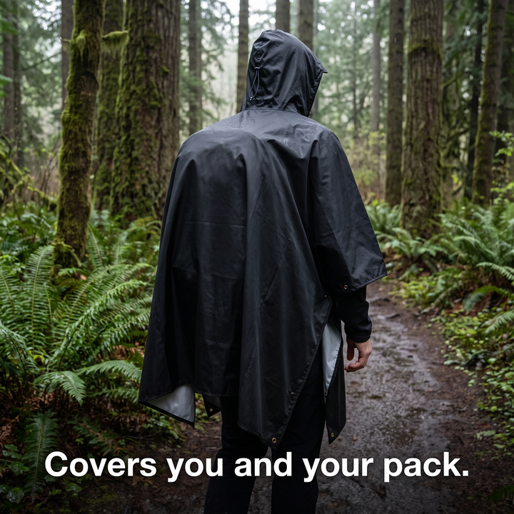 Hiker on a forest trail wearing the poncho over a daypack